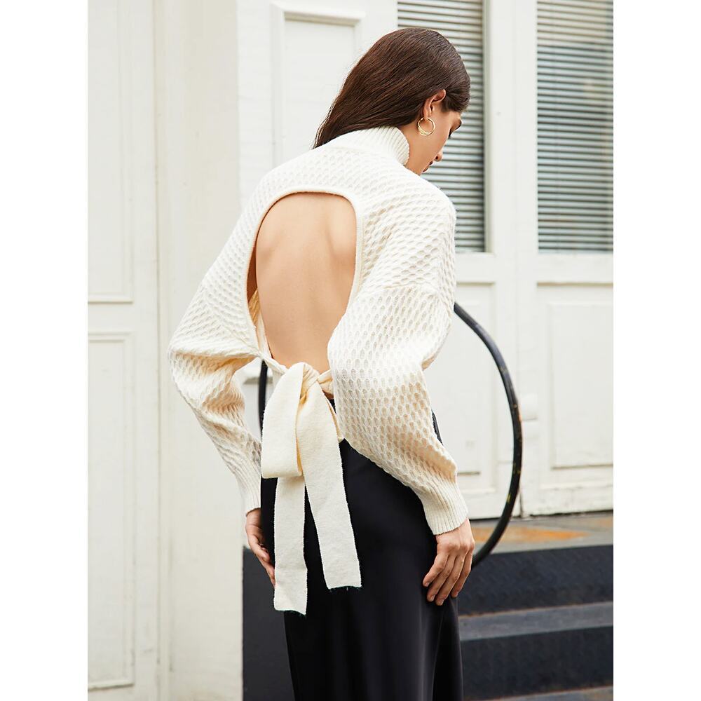 Commense Women's Cream Knit Mock Neck Sweater Open Back NWT Minimalist Neutral S